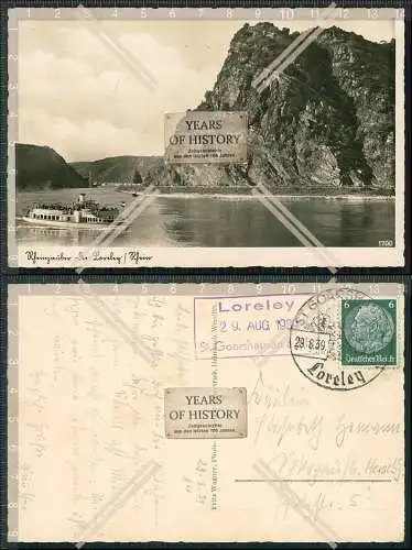 Foto AK Sankt Goarshausen Rhein Dampfer am Loreleyfelsen 1939 Sonderstempel gel