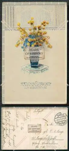 AK Silberpräge Geburtstag Blumenstrauß in einer Blumenvase 1918 gelaufen 