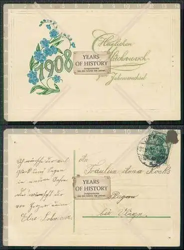 AK Präge Glückwunsch Neujahr Jahreszahl 1908 Blumen 31.12.1907 gelaufen