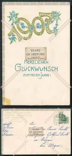 AK Präge Glückwunsch Neujahr Jahreszahl 1907 Blumen 31.12.1906 gelaufen