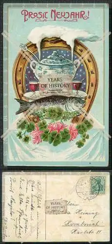 AK Präge Neujahr Fisch Forelle Kleeblätter Hufeisen Weinbowle 1913 gelaufen