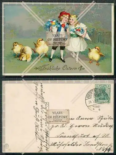 AK Fröhliche Ostern Junge Mädchen mit Küken und Ostereier 1913 gelaufen