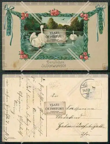 AK Präge Rosenkranz Glückwunsch Schwäne Teich 1911 gelaufen Karte beschädig