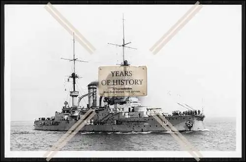 Foto SMS Mecklenburg 1901 Linienschiff ruhige See Mannschaft an Deck Kaiserlich