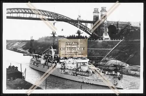Foto SMS Lothringen 1904 Linienschiff im Kaiser Wilhelm Kanal unter Brücke Kai