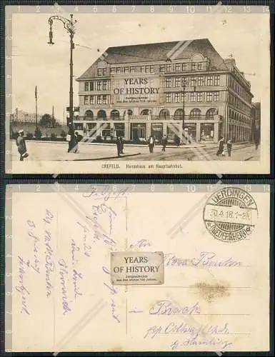 AK Krefeld Hansahaus am Hauptbahnhof Passanten 1918 Feldpost gelaufen
