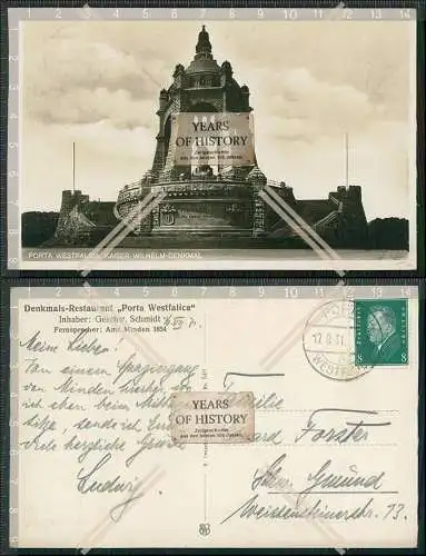 Foto AK Porta Westfalica Kaiser-Wilhelm-Denkmal 1931 gel. Rückseite Minden Res