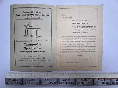 Duisburg Heft Internationales leichtathletisches Abend Sportfest 16. August 1939