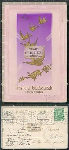 AK Gold Präge Lila Jugendstil Rahmen Schwalben Schaar 1912 gelaufen Herzlichen