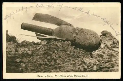 AK 1. WK Französische schwere Ctr. Flügel Mine Blindgänger Kriegsbeute 1916 gel.