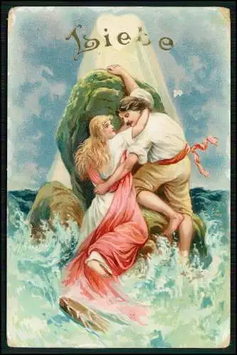 AK Liebe Liebespaar retten sich auf einem Felsen nach Schiffbruch Sturm 1913 gel