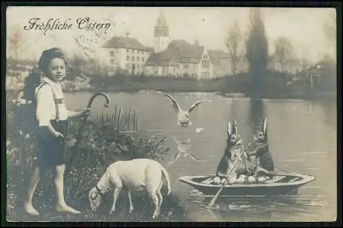 AK Ostern Knabe Spazierstock Lamm Osterhasen im Ruderboot Dorfteich 1911 gel.