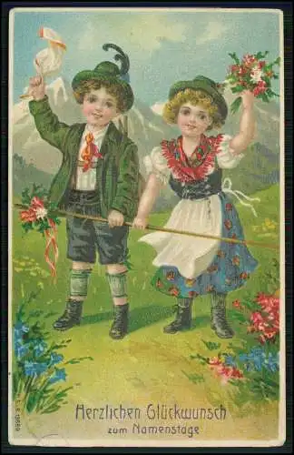 AK Prägekarte Namenstag Knabe u. Mädchen in bayerische Tracht auf Wiese 1912 gel