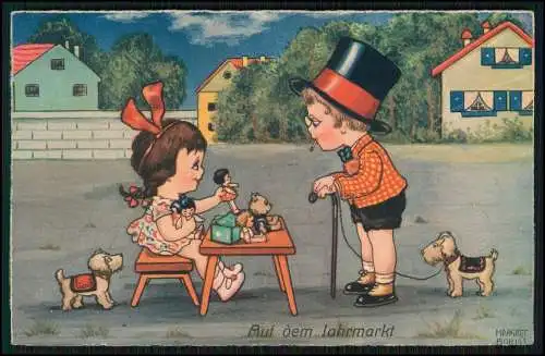 AK auf dem Jahrmarkt Knabe Zylinder und Hund Mädchen mit Puppen Teddy 1931 gel.
