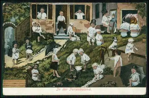 AK Kleine Knaben und Mädchen in der Ferienkolonie alle mit Pinkelpott Karte 1905