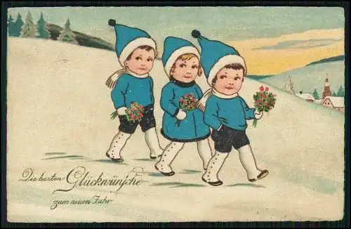AK Glückwünsche Neujahr drei kleine Kinder im Schnee mit Blumen 1926 gelaufen
