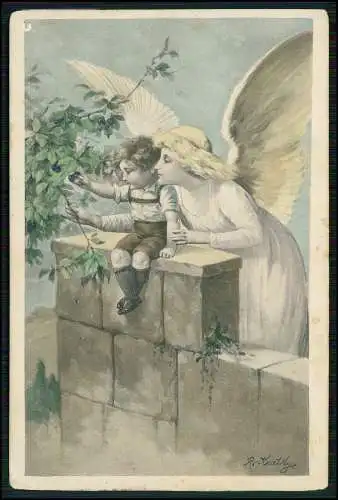 AK Hübsche Dame als Engel mit Knabe und Früchte auf der Mauer 1910 gelaufen