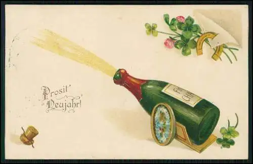 AK Prägekarte Prosit Neujahr Sektflasche Champagner im Bollerwagen 1912 gelaufen