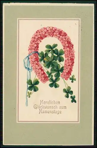 AK Prägekarte Glückwunsch Namenstage Kleeblätter Hufeisen Medaillon 1913 gel.