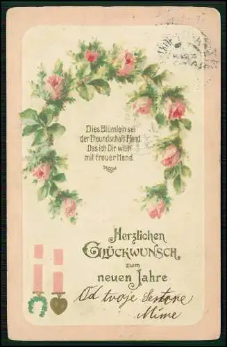 AK Prägekarte Glückwunsch zum Neujahr Spruch im Rosenkranz Hufeisen 1920 gel.