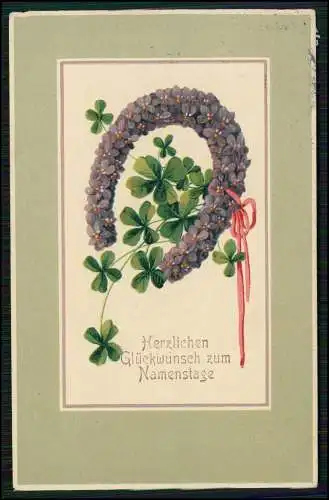 AK Prägekarte Glückwunsch Namenstage Hufeisen Kleeblätter 1913 gelaufen