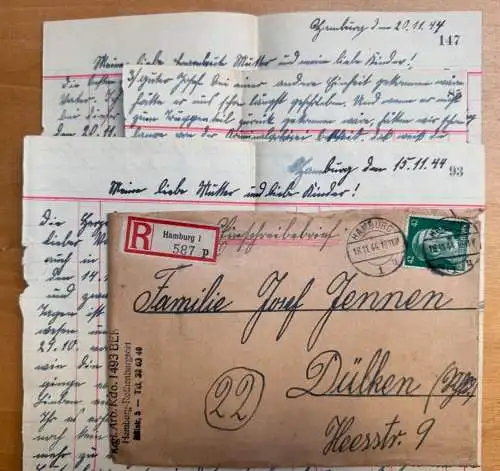 Feldpostbrief mit Inhalt - Stammlager Hamburg-Rothenburgsort 15. u. 20. 11. 1944