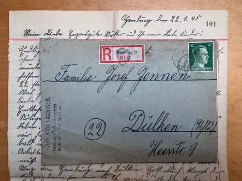 Feldpostbrief mit Inhalt - Stammlager Stalag Hamburg-Rothenburgsort 22. 01. 1945