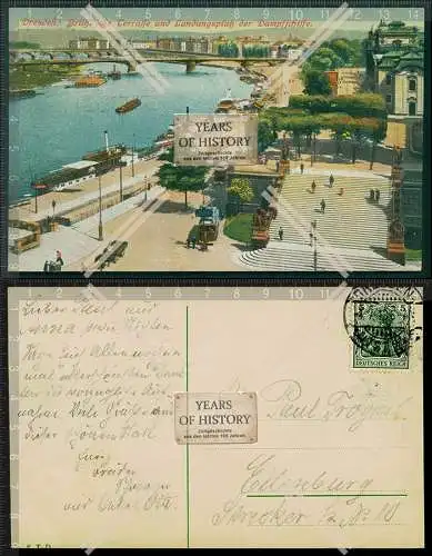 AK Dresden Brühlsche Terrasse und Landungsplatz der Dampfschiffe 1913 gelaufen