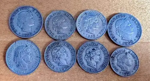 Alte Münzen - 8x Schweizer Rappen ab 1893 - 3x20 - 4x10 - 1x5 Helvetia / Schweiz