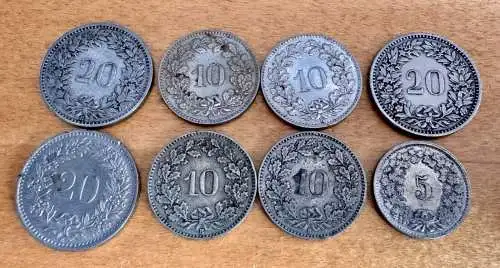 Alte Münzen - 8x Schweizer Rappen ab 1893 - 3x20 - 4x10 - 1x5 Helvetia / Schweiz