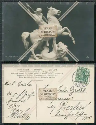 AK Postkarte Plastik Skulptur Le Champion au Lion 1907 gel. 