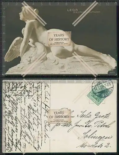 AK Postkarte Plastik Leda Frauenakt mit dem Schwan 1907 gel.