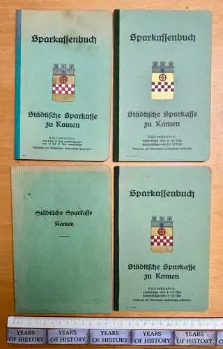 3x Sparkassenbuch 1x Hülle Städtische Sparkasse Kamen bei Hamm Dortmund 1942-48