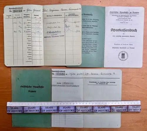 3x Sparkassenbuch 1x Hülle Städtische Sparkasse Kamen bei Hamm Dortmund 1942-48