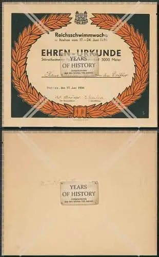 Ehren-Urkunde Störschwimmen Itzehoe 1934 Münsterdorf Steinburg 3000 m Schwimmen