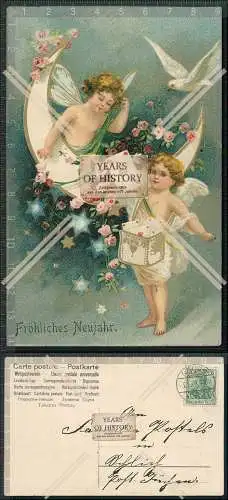 Künstler AK Neujahr Mädchen als Engel mit Mond in der Hand Taube 1908 gelaufe