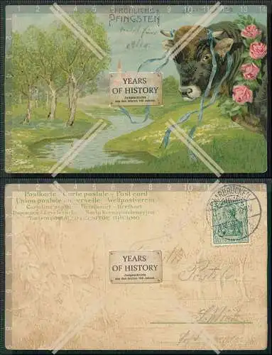 Künstler AK frohe Pfingsten Stier Bulle auf Weide 1910 gelaufen