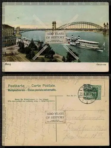 Orig. AK Bonn Rheinbrücke Dampfer gel. 1908