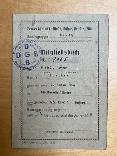 Nachlass Doku. Ausweispapiere Pohl Konzertmeister Kapellmeister Hamburg ab 1935