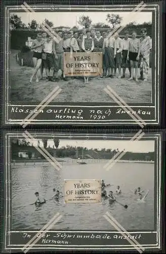 Foto 2x Zwenkau Sachsen bei Leipzig Badeanstalt Freibad Klassenausflug 1930