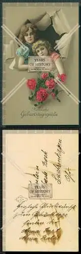Orig. AK Geburtstagsgrüße fröhliche Mädchen mit Blumen 1911