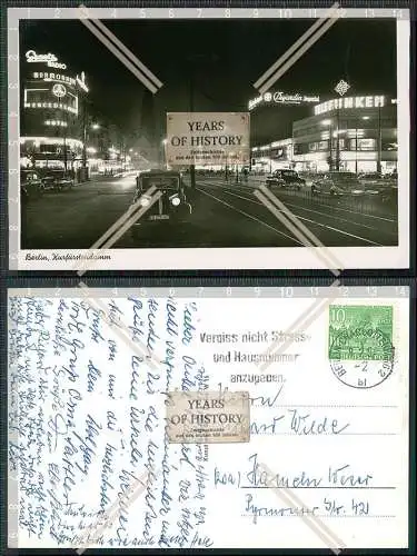 Foto AK Berlin Kurfürstendamm Nacht Autos Telefunken Dujardin Werbung 1954 gel