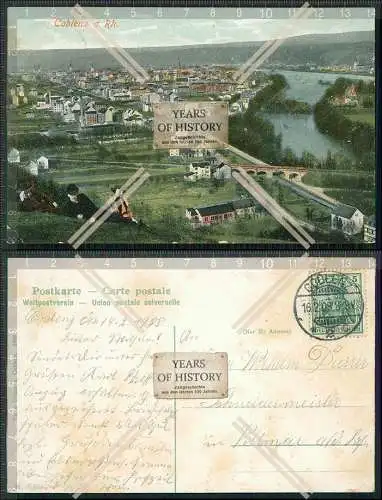 AK  Koblenz Viadukt Eisenbahnlinie Stadtteil von Anhöhe gesehen 1908 gelaufen
