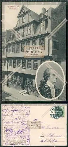 AK Postkarte Frankfurt am Main Goethehaus mit Seitenportrait 1910 gelaufen