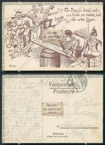 AK 1. WK Karikatur Feldpostkarte Deutsche Franzosen 1916 Mainz Kastell gelaufen