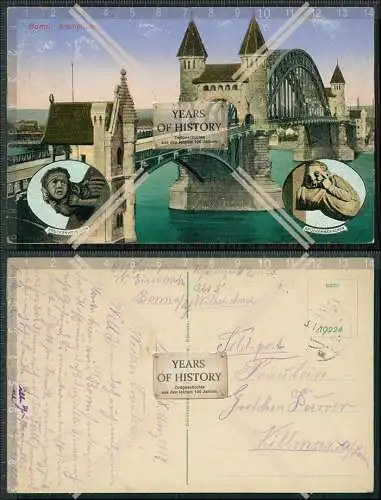 AK Bonn Rheinbrücke mit Brückenweibchen und Brückenmännchen 1917 Feldpost g