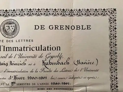 Universität Pierre Mendès-France Grenoble Ehrenurkunde 1901 Kulmbach 41 x 33 cm