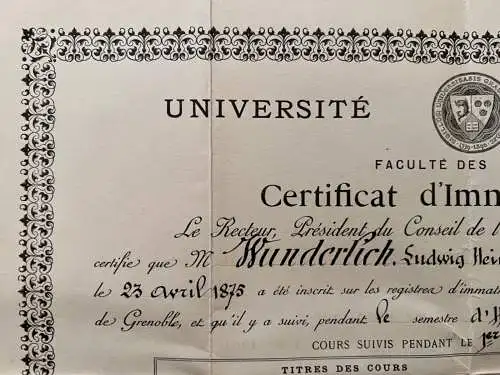 Universität Pierre Mendès-France Grenoble Ehrenurkunde 1901 Kulmbach 41 x 33 cm