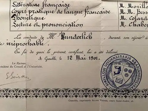 Universität Pierre Mendès-France Grenoble Ehrenurkunde 1901 Kulmbach 41 x 33 cm
