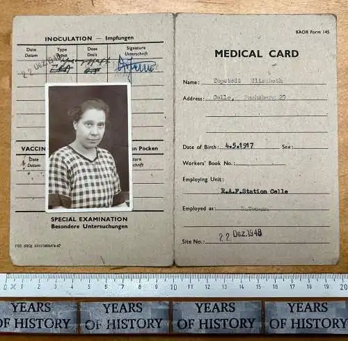 Medical Card R.A.F. Station 1948 Celle Lichtbild Portrait weiblich E. Topstedt